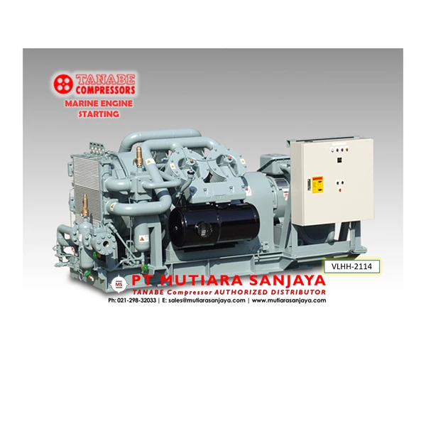 Kompresor Kapal untuk Starting Mesin sampai 650 m3/hr ~ 120 kW (Air Cooled). Model: TANABE VLHH-64A - VLHH-2114